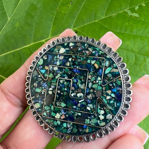 Vintage Sterling Silver Taxco Mexico Turquoise & Lapis Inlay Brooch Pendant - Picture 4 of 17